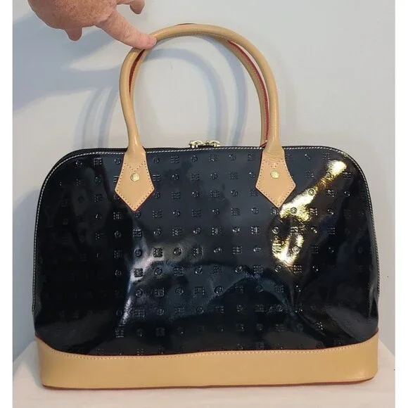 Arcadia Italian Bugatti Black Patent Leather Satchel Dome Handbag Tan & Red Trim - Picture 4 of 12